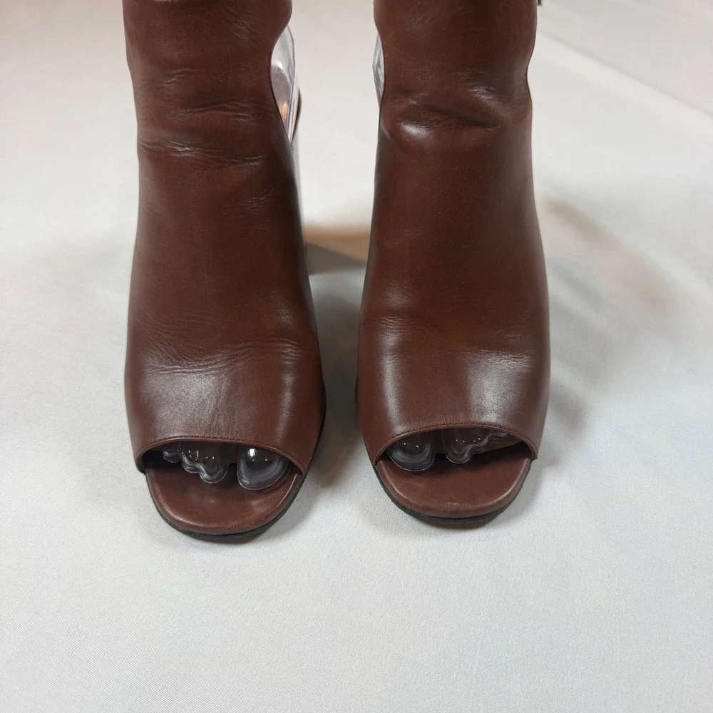 Prada Brown Leather Peep Toe Cutout Ankle Boots Silver Mirrored Block Heel Sz 38